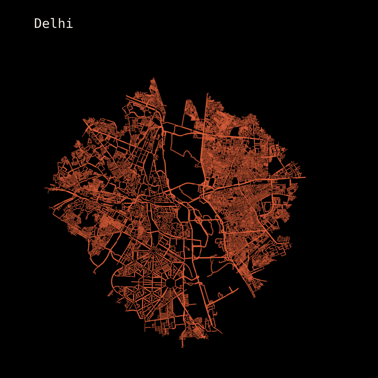 Delhi: drive network within 10 km, plotted at identical scale.