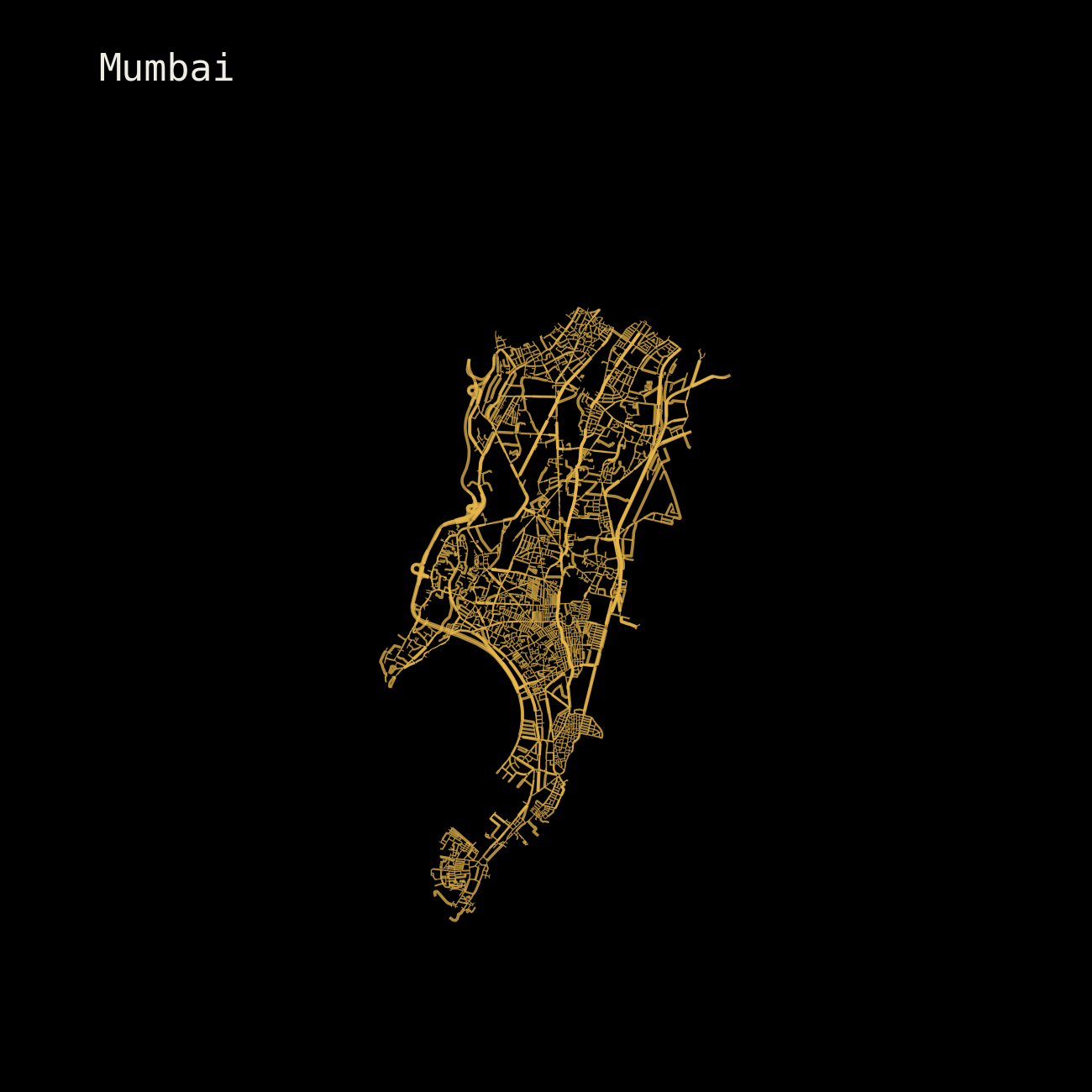Mumbai: drive network within 10 km, plotted at identical scale.