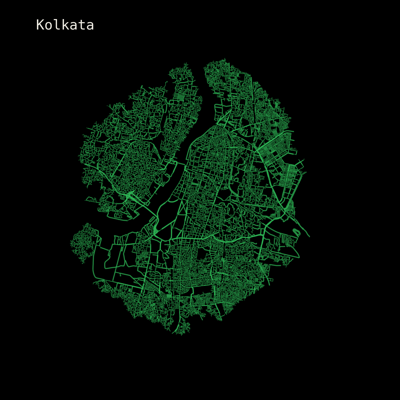 Kolkata: drive network within 10 km, plotted at identical scale.