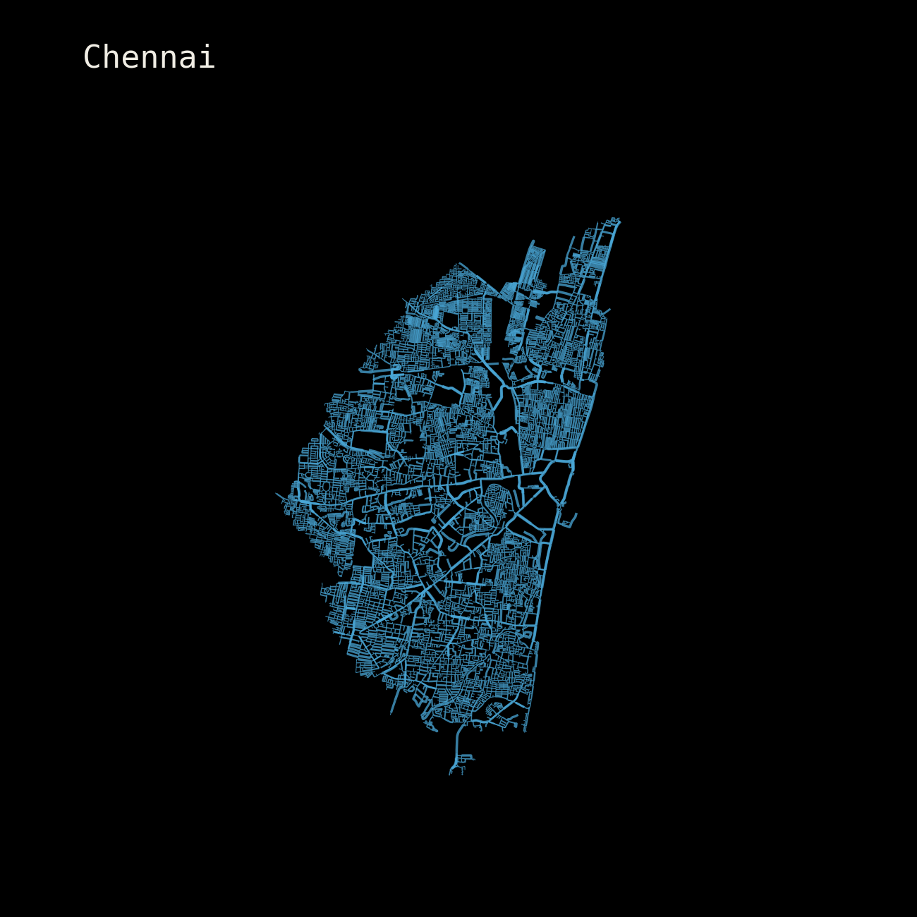 Chennai: drive network within 10 km, plotted at identical scale.