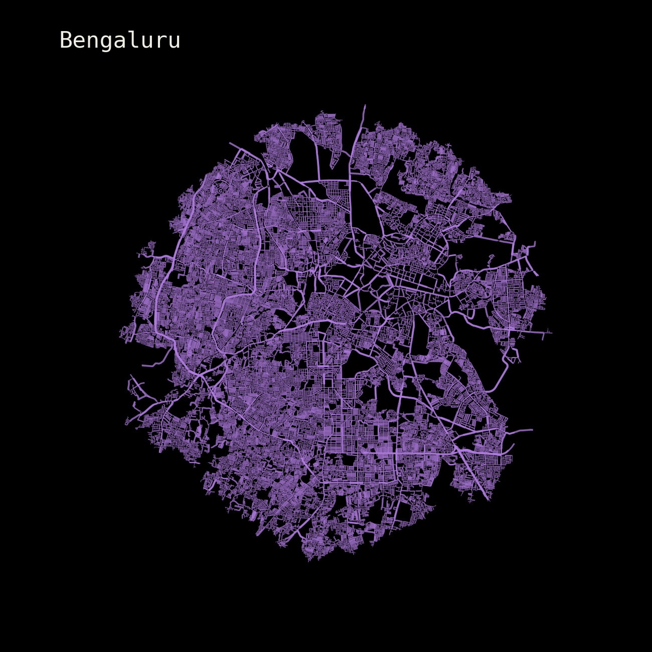 Bengaluru: drive network within 10 km, plotted at identical scale.